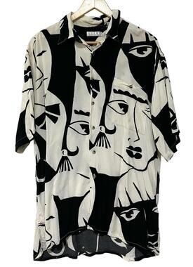 Burma Bibas Vintage 80s 90s Mens Shirt Abstract Faces Short Sleeve Sz Large
